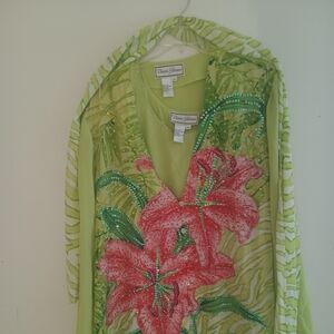 Diane Gilman Lime and Coral Floral Blouse